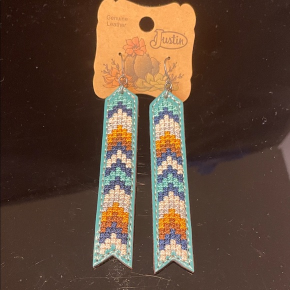Justin Boots Leather & Needlepoint embroidered Earrings - Picture 2 of 5